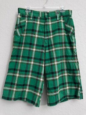 Old Skool Y2K Green Plaid Long Skater Shorts Size 32